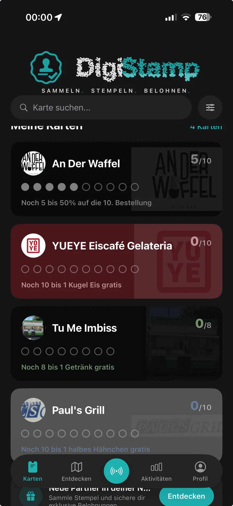 Echte DigiStamp App: alle Stempelkarten und ihr Fortschritt