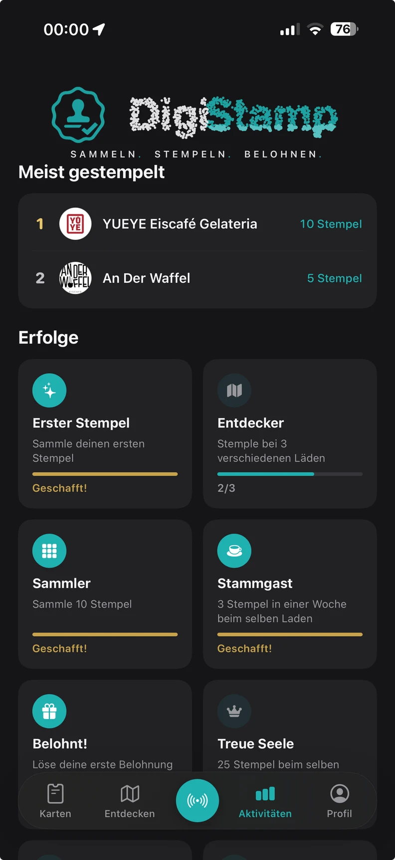 Echte DigiStamp App: gesammelte Stempel und persönliche Erfolge